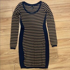 H&M Navy and Brown Striped Long Sleeve Dress xs